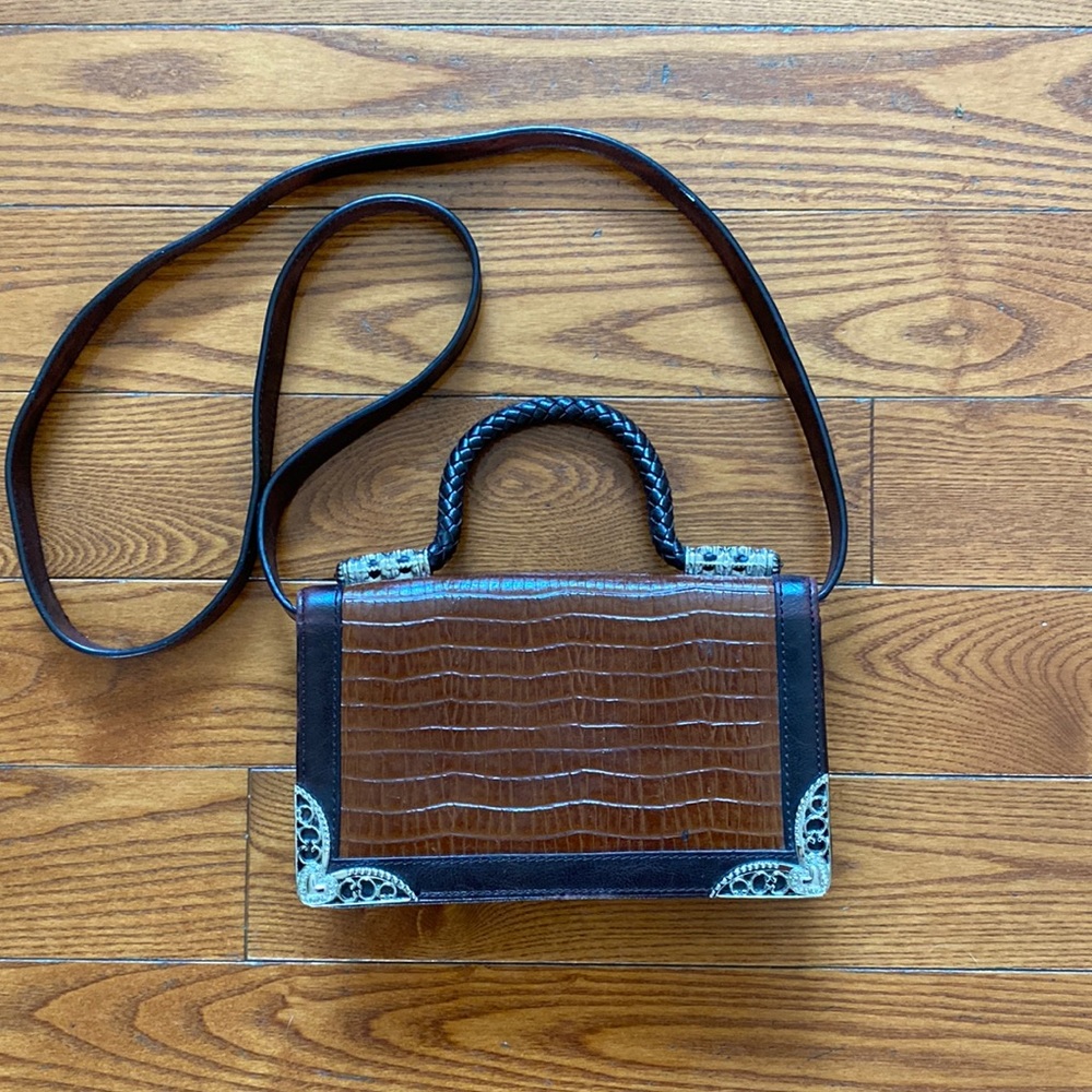 Cielo crossbody bag brown and tan with ornate detail.